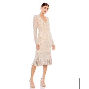 MAC DUGGAL 10740 Sequin Gown Embellished Hemline Belt Long Sleeve 14 NEW